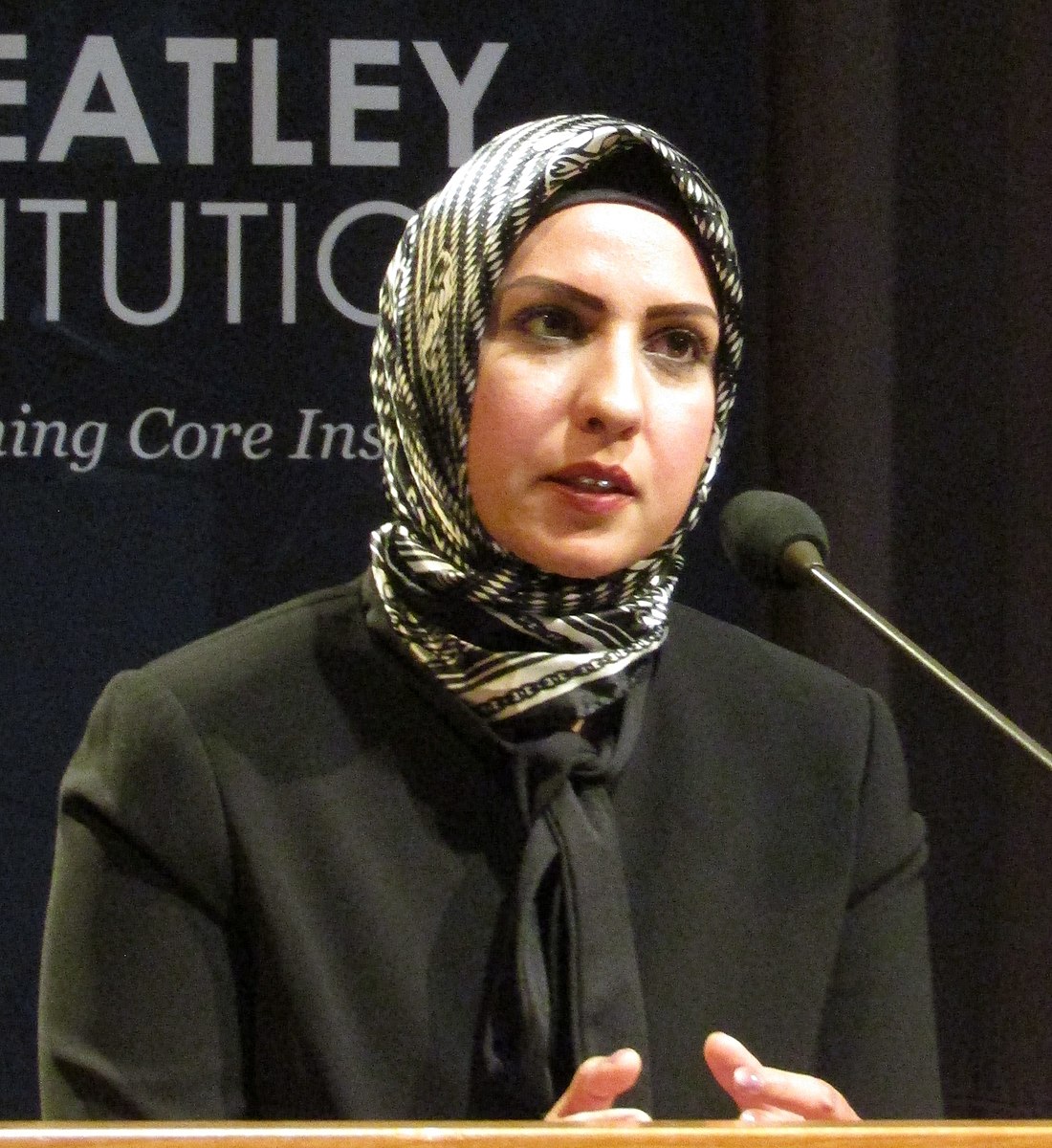 Raffia Arshad speaking at BYU’s Law and the Family Lecture Series in the Harold B. Lee Library Auditorium